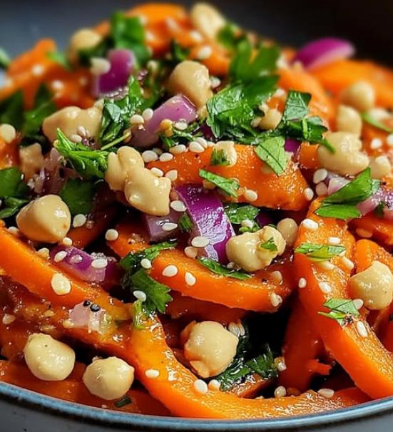 Salade de Carottes Épicées et de Pois Chiches avec Sauce Tahini 