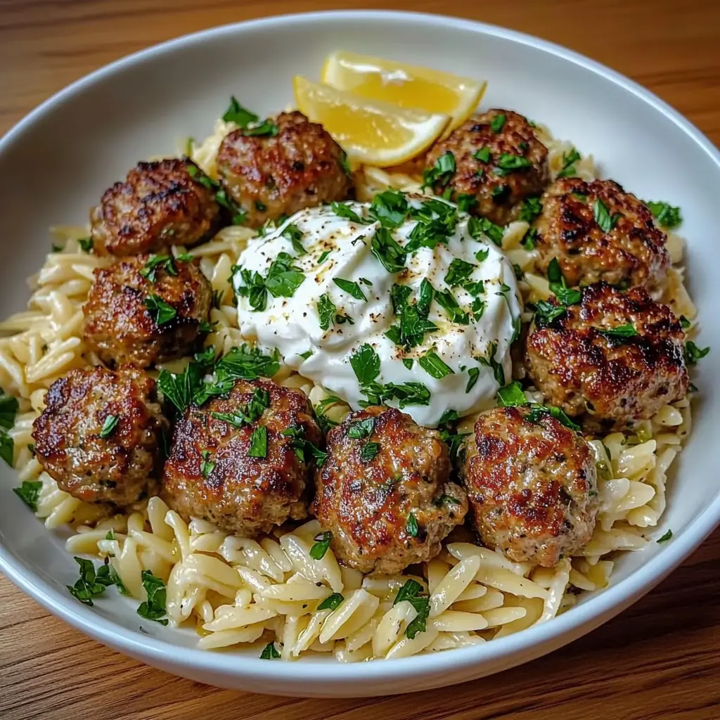 Boulettes Grecques et Orzo Citronné avec Crème de Feta