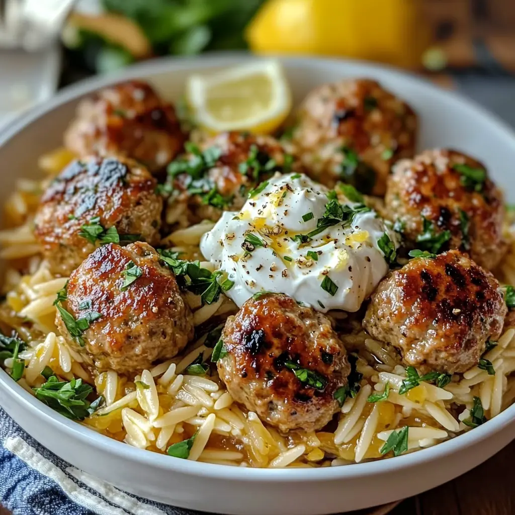 Boulettes Grecques et Orzo Citronné avec Crème de Feta